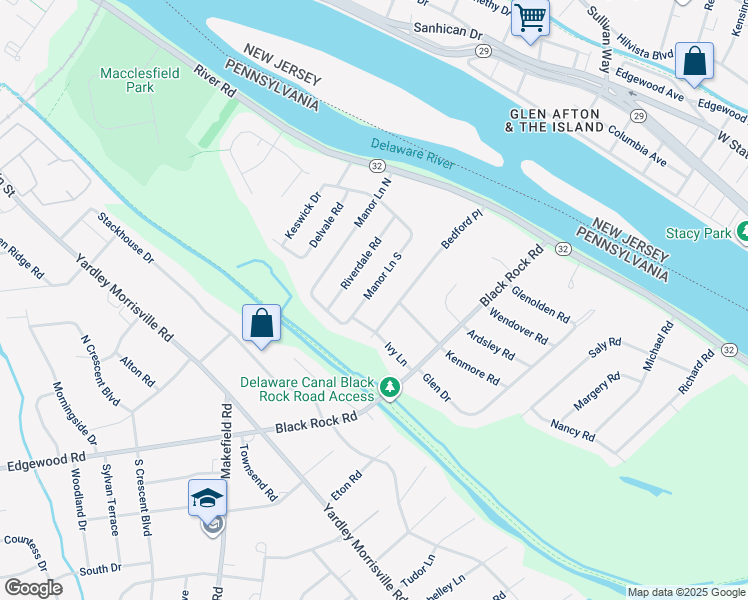 map of restaurants, bars, coffee shops, grocery stores, and more near 68 Manor Lane South in Yardley