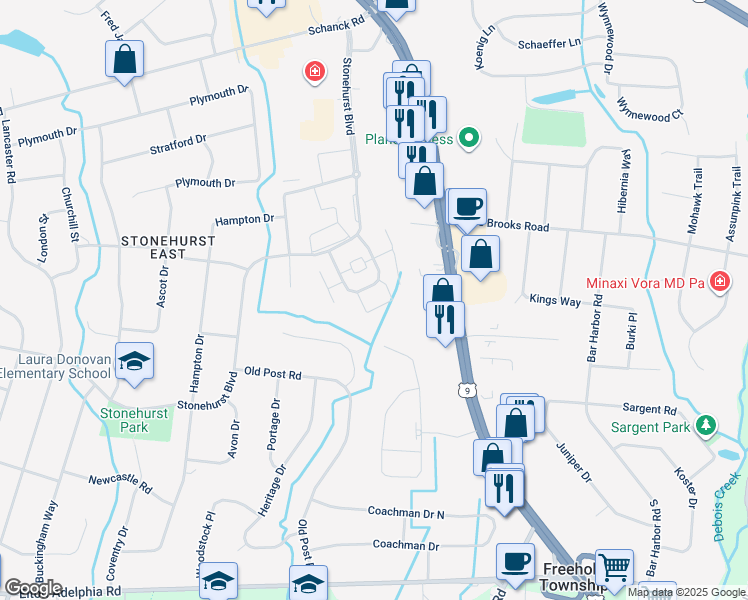 map of restaurants, bars, coffee shops, grocery stores, and more near 44 Manchester Court in Freehold