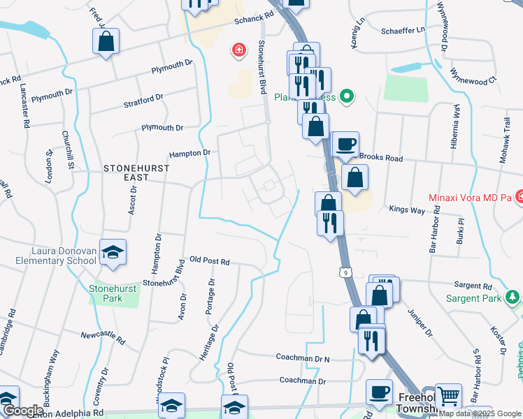 map of restaurants, bars, coffee shops, grocery stores, and more near in Freehold