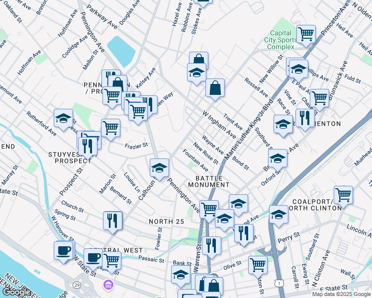 map of restaurants, bars, coffee shops, grocery stores, and more near 129 Fountain Avenue in Trenton