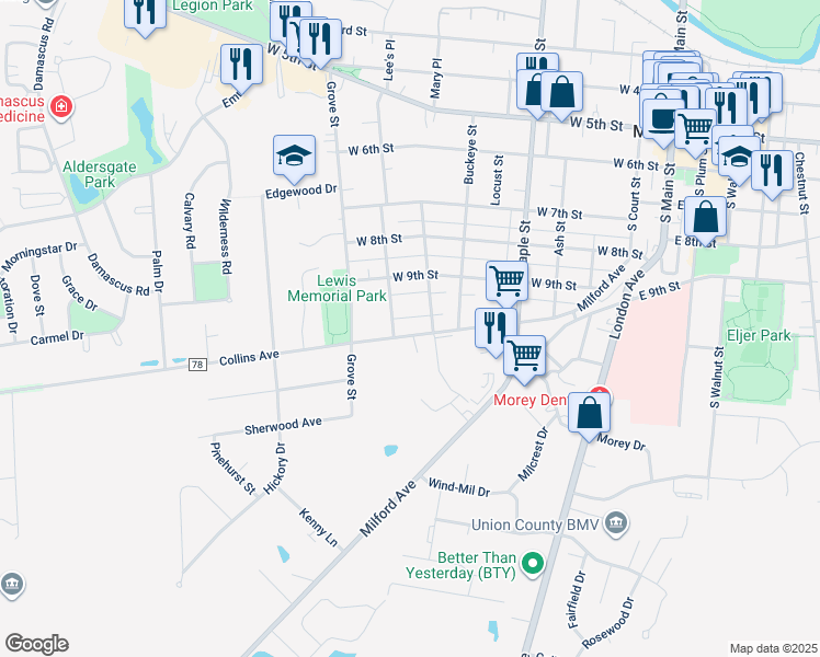 map of restaurants, bars, coffee shops, grocery stores, and more near 736 Collins Avenue in Marysville