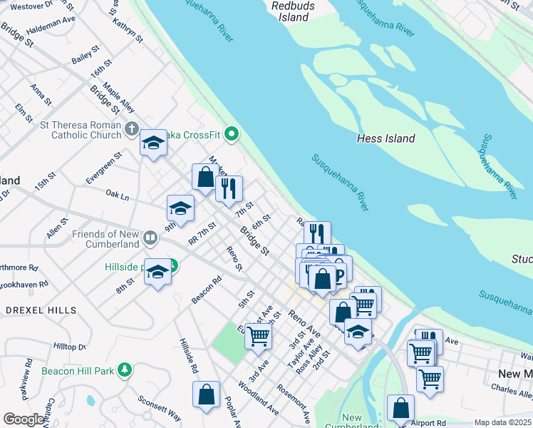 map of restaurants, bars, coffee shops, grocery stores, and more near 601 Market Street in New Cumberland