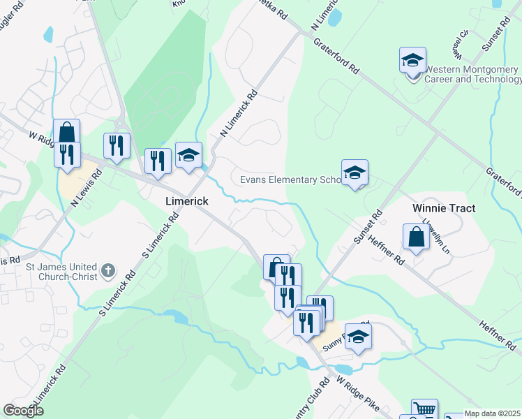 map of restaurants, bars, coffee shops, grocery stores, and more near 1107 Moscariello Lane in Royersford