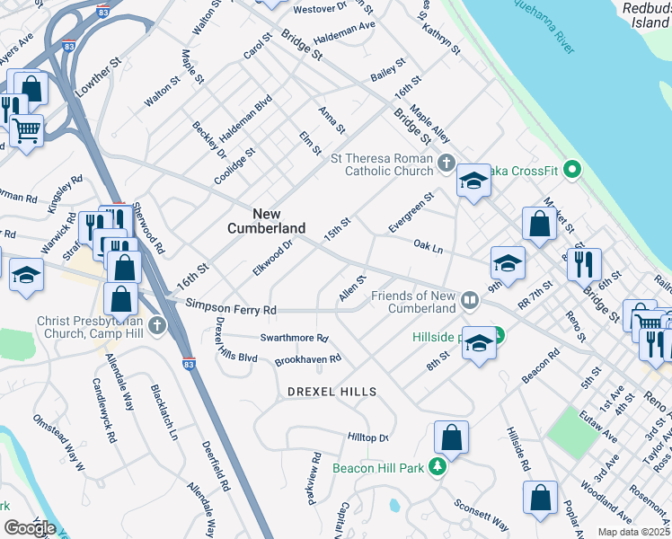 map of restaurants, bars, coffee shops, grocery stores, and more near 705 Barbara Street in New Cumberland