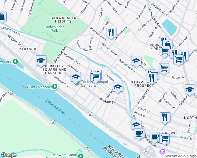 map of restaurants, bars, coffee shops, grocery stores, and more near 49 North Hermitage Avenue in Trenton