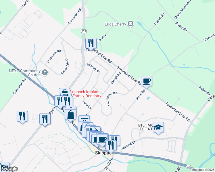 map of restaurants, bars, coffee shops, grocery stores, and more near 4100 Inspiration Street in Schwenksville