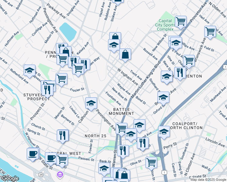 map of restaurants, bars, coffee shops, grocery stores, and more near 129 New Rose Street in Trenton