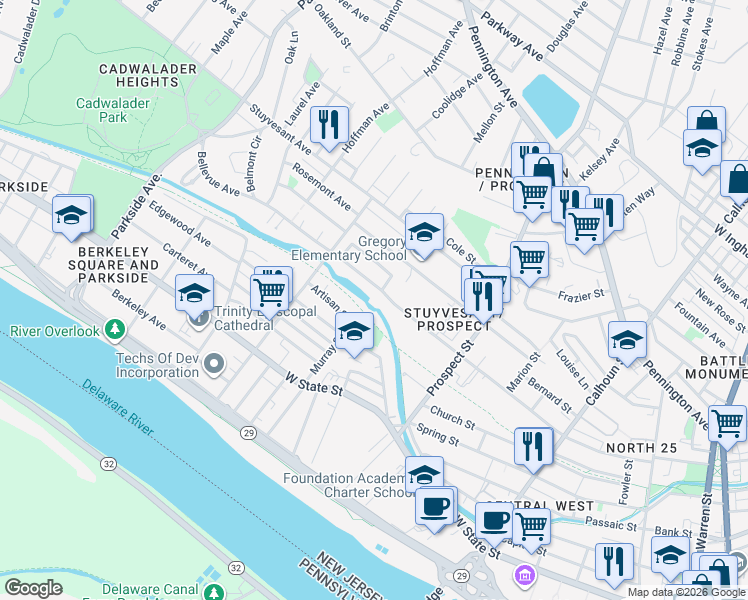 map of restaurants, bars, coffee shops, grocery stores, and more near 491-555 Bellevue Avenue in Trenton