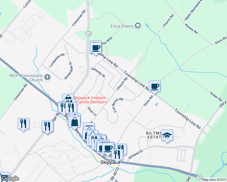 map of restaurants, bars, coffee shops, grocery stores, and more near 4100 Inspiration Street in Schwenksville