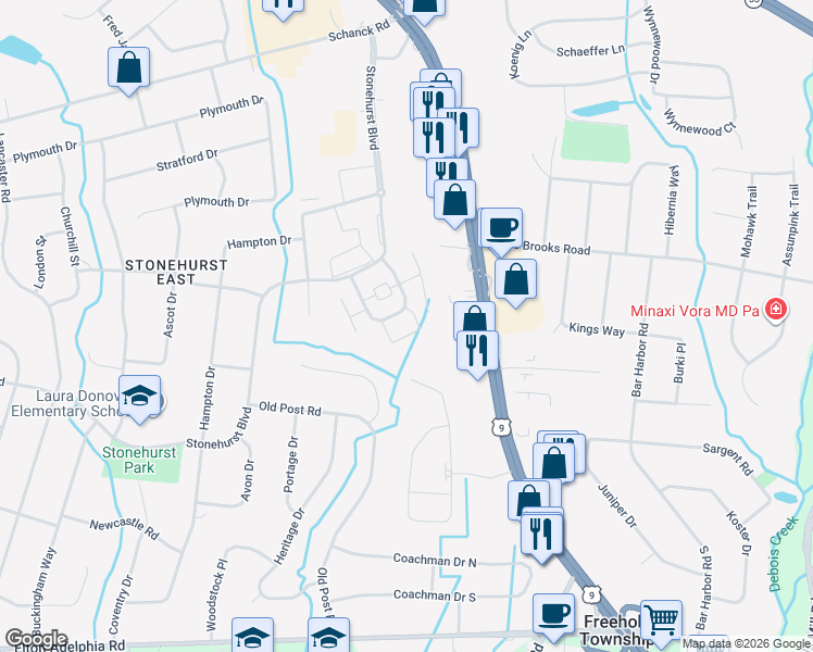 map of restaurants, bars, coffee shops, grocery stores, and more near 40 Manchester Court in Freehold Township