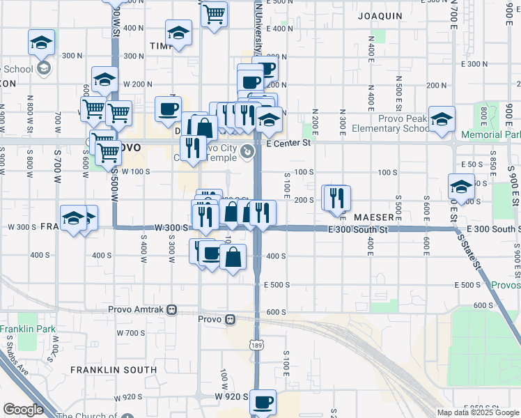 map of restaurants, bars, coffee shops, grocery stores, and more near 275 South University Avenue in Provo