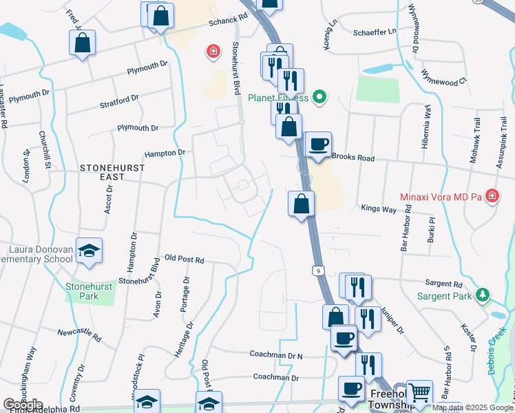 map of restaurants, bars, coffee shops, grocery stores, and more near 44 Manchester Court in Freehold