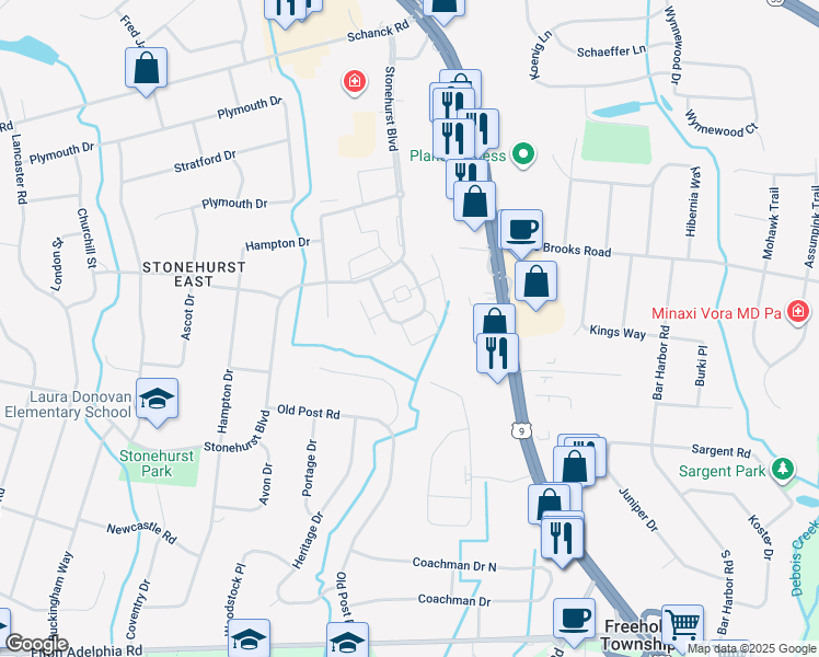 map of restaurants, bars, coffee shops, grocery stores, and more near in Freehold