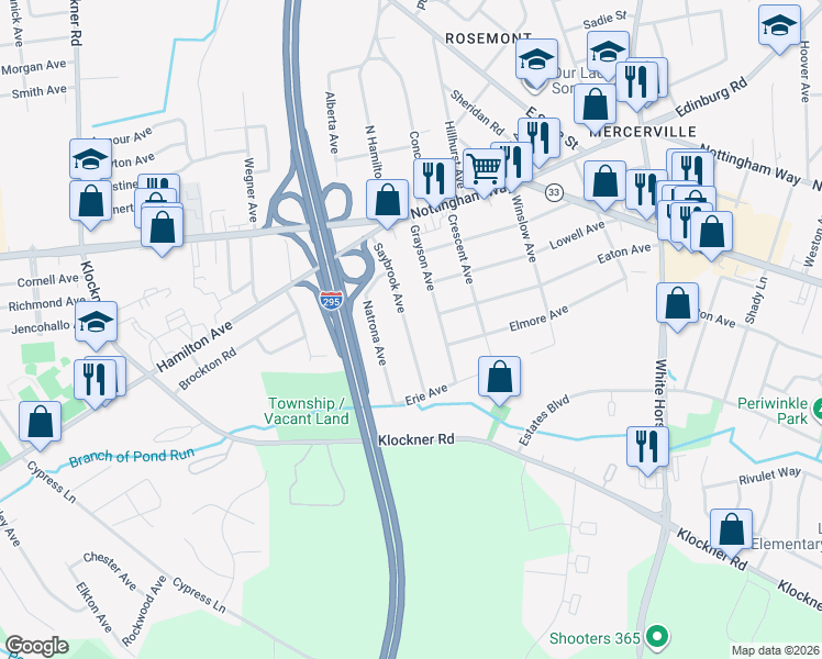 map of restaurants, bars, coffee shops, grocery stores, and more near 171 Saybrook Avenue in Hamilton Township