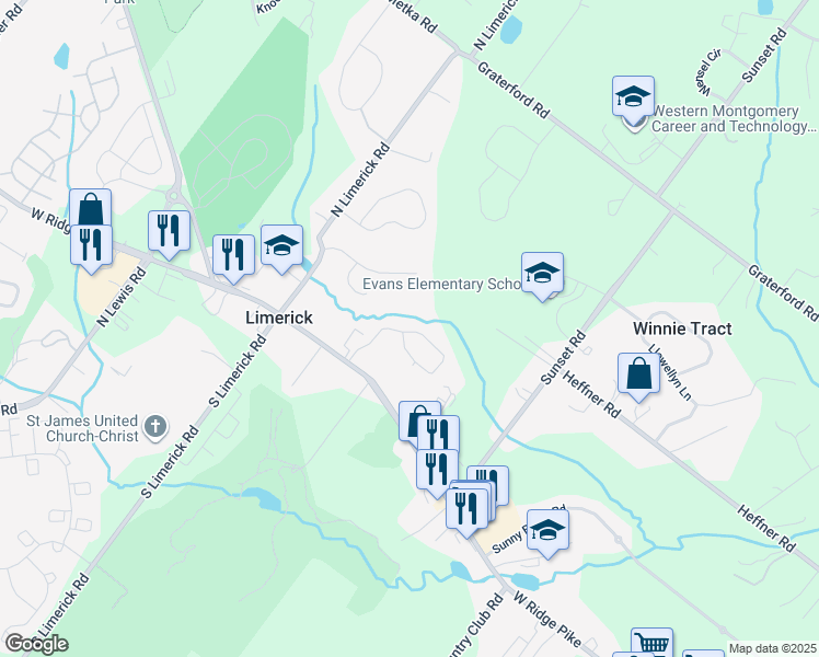 map of restaurants, bars, coffee shops, grocery stores, and more near 1029 Moscariello Lane in Royersford