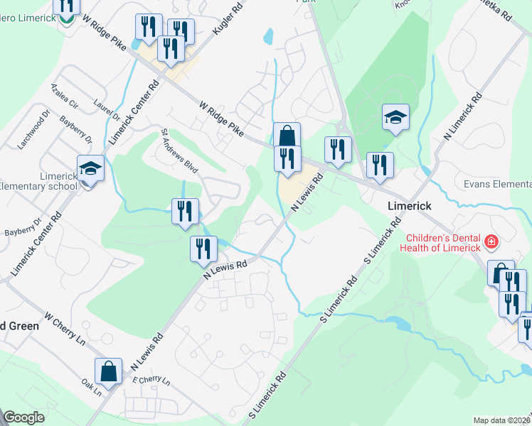 map of restaurants, bars, coffee shops, grocery stores, and more near 821 North Lewis Road in Royersford