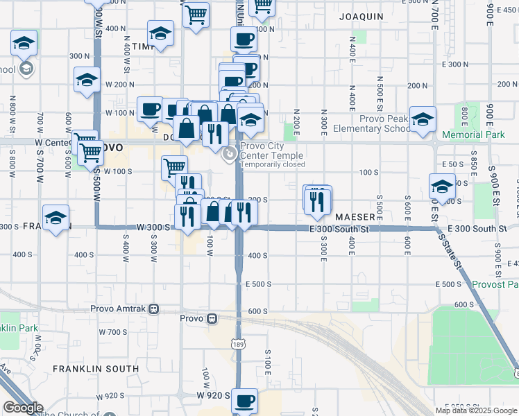 map of restaurants, bars, coffee shops, grocery stores, and more near 85 300 South in Provo
