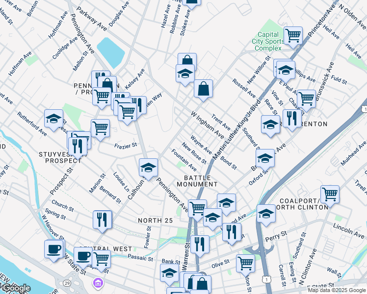 map of restaurants, bars, coffee shops, grocery stores, and more near 129 New Rose Street in Trenton
