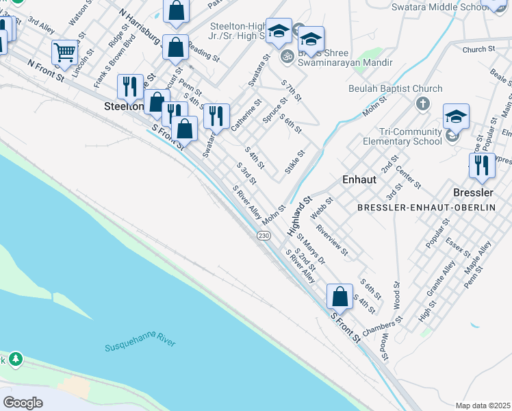 map of restaurants, bars, coffee shops, grocery stores, and more near 368 South 2nd Street in Steelton
