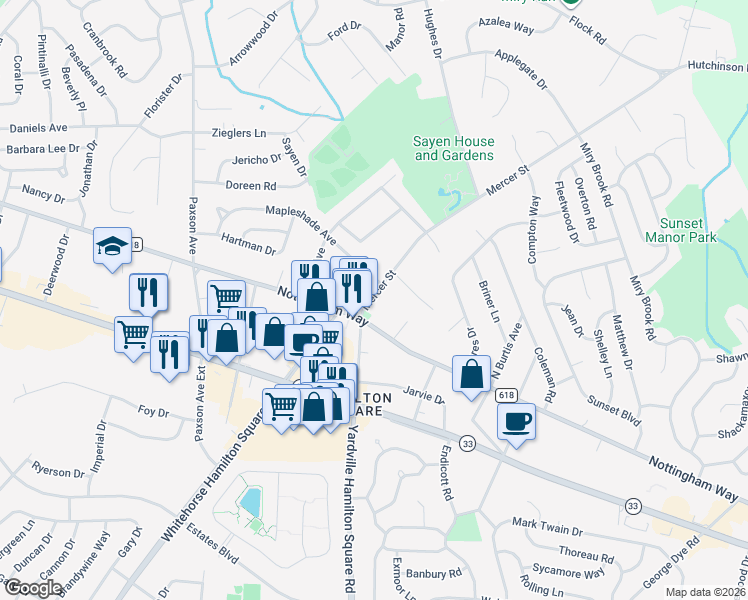 map of restaurants, bars, coffee shops, grocery stores, and more near 3708 Nottingham Way in Hamilton Township