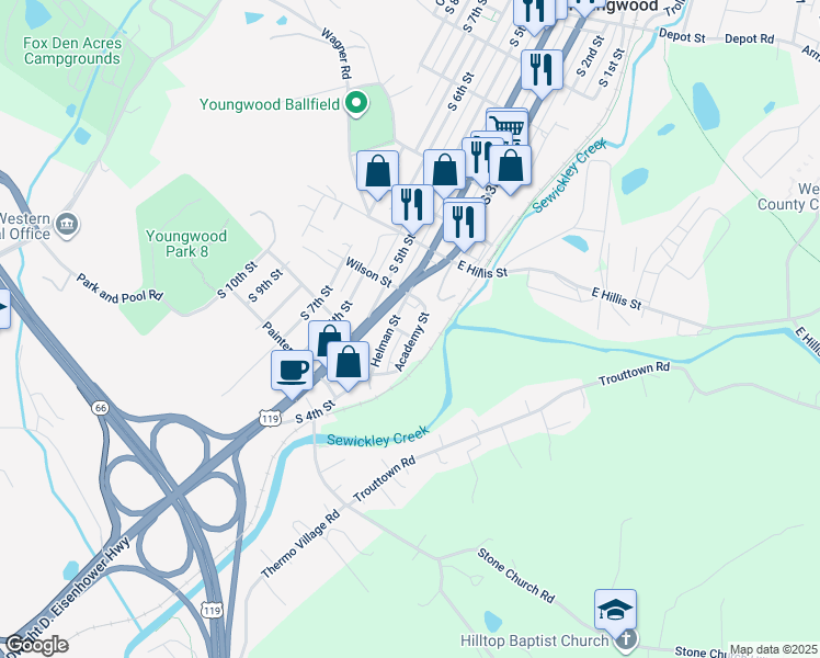 map of restaurants, bars, coffee shops, grocery stores, and more near 304 Johnson Street in Youngwood