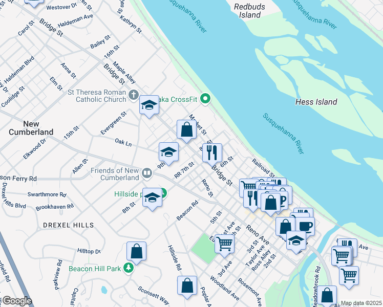 map of restaurants, bars, coffee shops, grocery stores, and more near 323 8th Street in New Cumberland