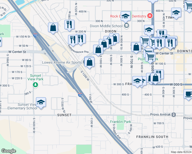 map of restaurants, bars, coffee shops, grocery stores, and more near 221 South 1050 West in Provo