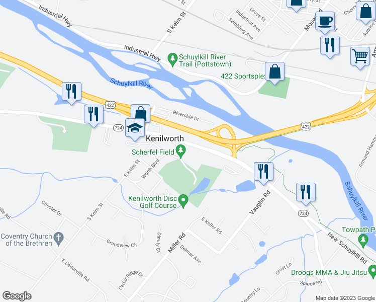 map of restaurants, bars, coffee shops, grocery stores, and more near 1174 East Schuylkill Road in Pottstown