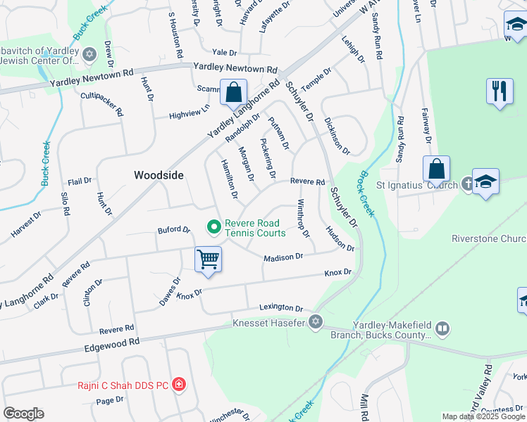 map of restaurants, bars, coffee shops, grocery stores, and more near 1239 Ward Drive in Yardley