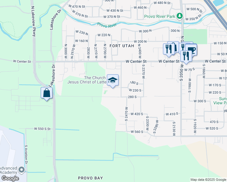 map of restaurants, bars, coffee shops, grocery stores, and more near 2585 West 200 South in Provo