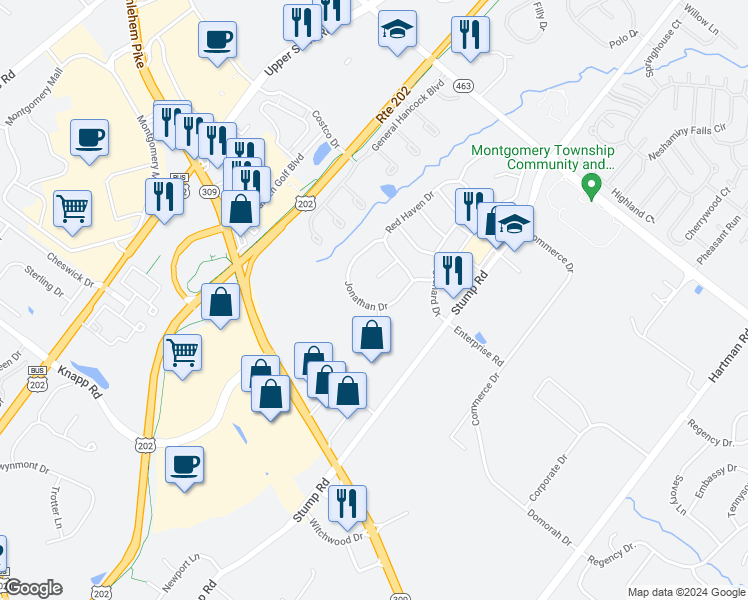 map of restaurants, bars, coffee shops, grocery stores, and more near 144 Jonathan Drive in North Wales