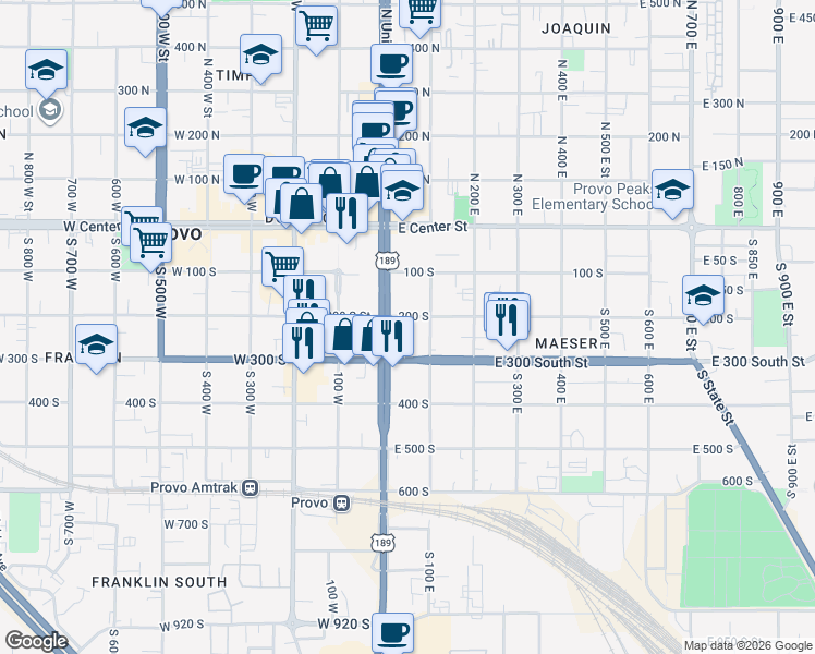 map of restaurants, bars, coffee shops, grocery stores, and more near 275 South University Avenue in Provo
