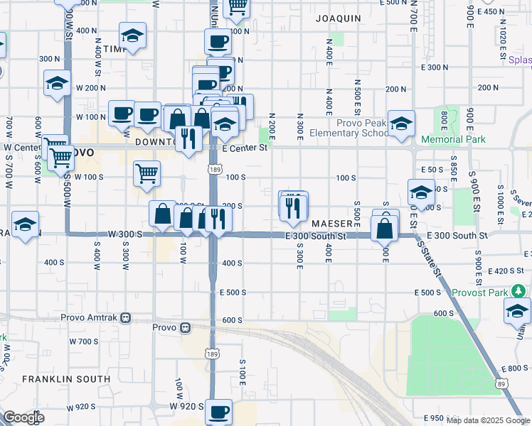 map of restaurants, bars, coffee shops, grocery stores, and more near 185 300 South in Provo