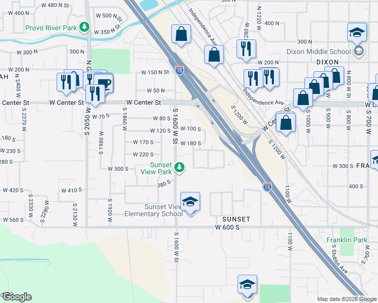 map of restaurants, bars, coffee shops, grocery stores, and more near 307 South 1600 West Street in Provo