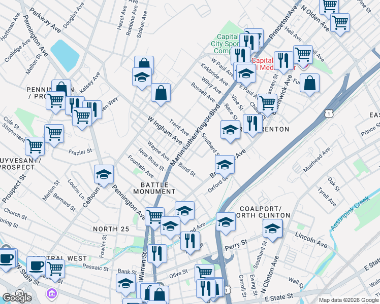 map of restaurants, bars, coffee shops, grocery stores, and more near 30 Bond Street in Trenton