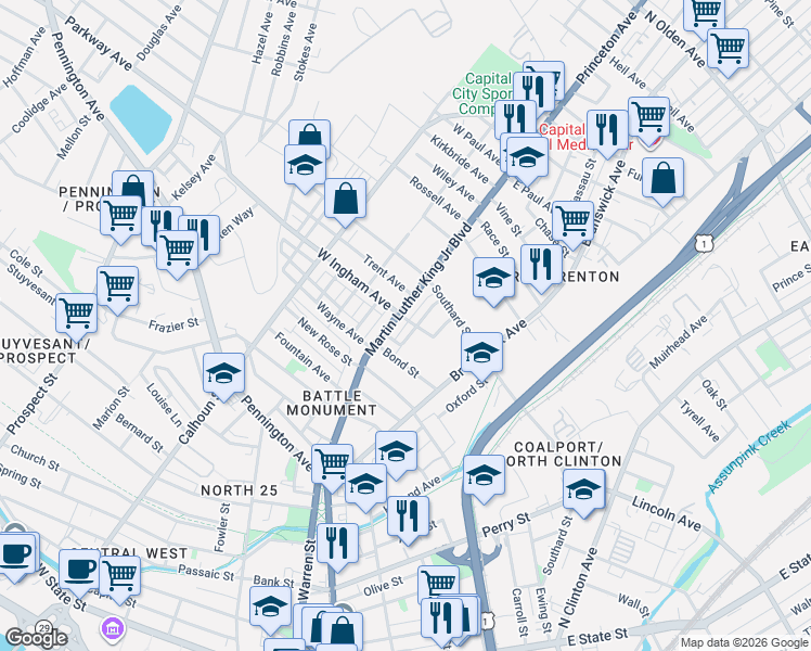 map of restaurants, bars, coffee shops, grocery stores, and more near 30 Bond Street in Trenton