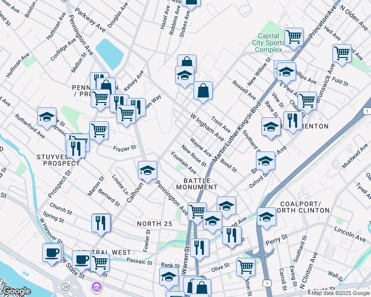 map of restaurants, bars, coffee shops, grocery stores, and more near 129 Fountain Avenue in Trenton