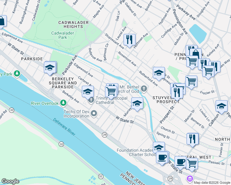 map of restaurants, bars, coffee shops, grocery stores, and more near 49 North Hermitage Avenue in Trenton