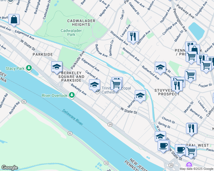 map of restaurants, bars, coffee shops, grocery stores, and more near 738 West State Street in Trenton