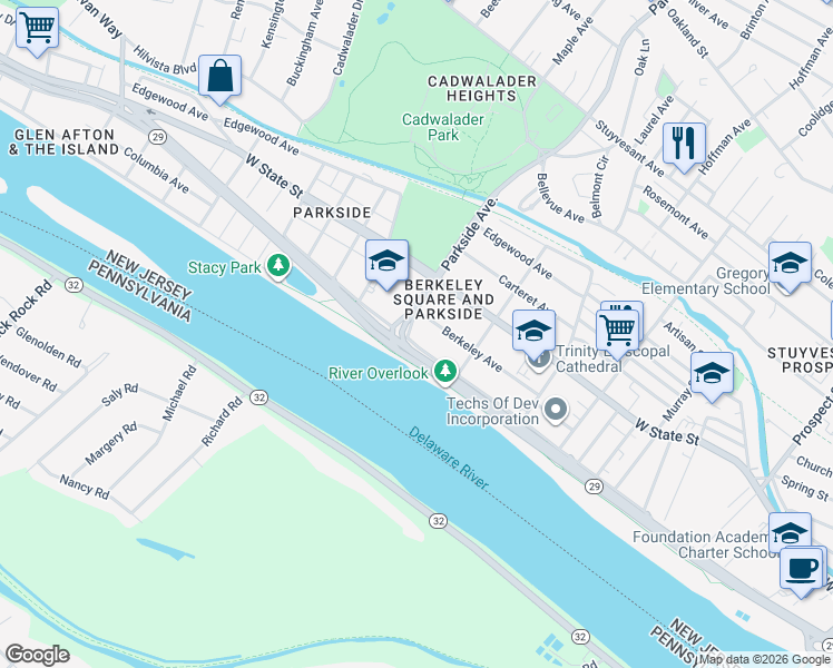 map of restaurants, bars, coffee shops, grocery stores, and more near 920 Riverside Avenue in Trenton