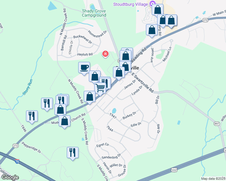map of restaurants, bars, coffee shops, grocery stores, and more near 23 James Drive in Denver