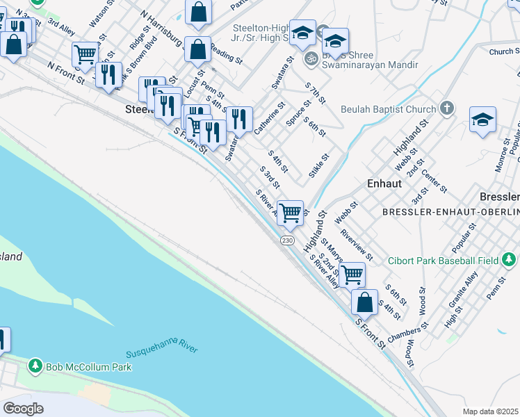 map of restaurants, bars, coffee shops, grocery stores, and more near 362 South Front Street in Steelton