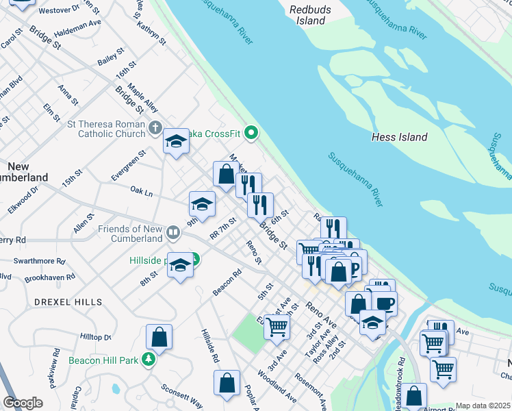 map of restaurants, bars, coffee shops, grocery stores, and more near 704 Bridge Street in New Cumberland