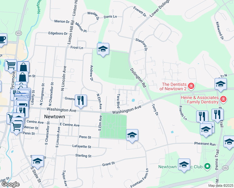 map of restaurants, bars, coffee shops, grocery stores, and more near 201 Worstall Alley in Newtown