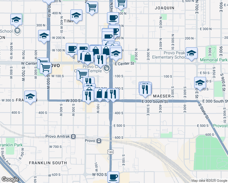map of restaurants, bars, coffee shops, grocery stores, and more near 255 South University Avenue in Provo