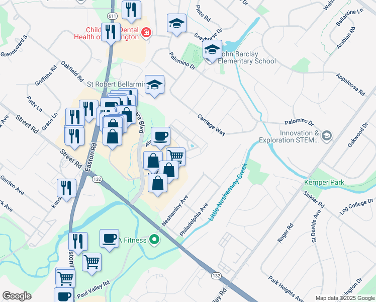 map of restaurants, bars, coffee shops, grocery stores, and more near 2321 Meridian Boulevard in Warrington