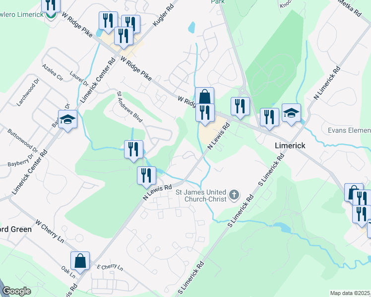 map of restaurants, bars, coffee shops, grocery stores, and more near 821 North Lewis Road in Royersford