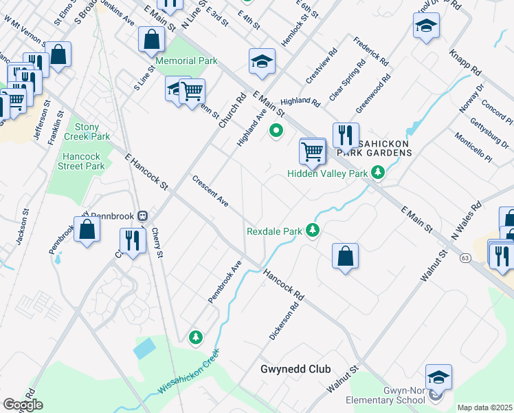 map of restaurants, bars, coffee shops, grocery stores, and more near 294 Oakland Avenue in Lansdale