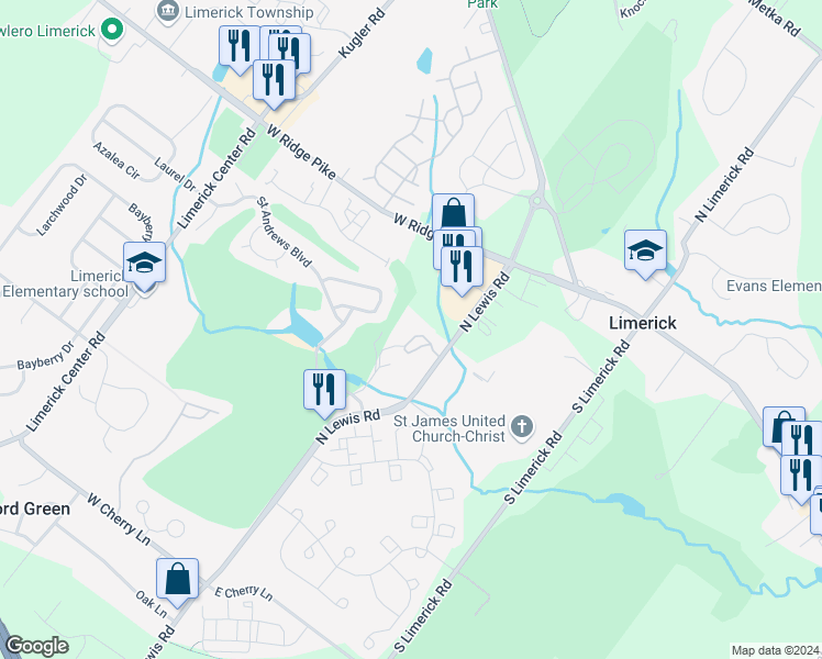 map of restaurants, bars, coffee shops, grocery stores, and more near 827 North Lewis Road in Royersford