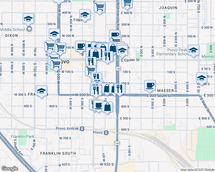 map of restaurants, bars, coffee shops, grocery stores, and more near 91 West 200 South in Provo